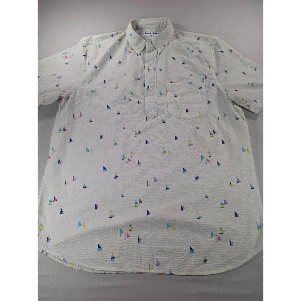 Chubbies Mens Large Sailboat Print Seersucker Popover Short Sleeve Shirt White